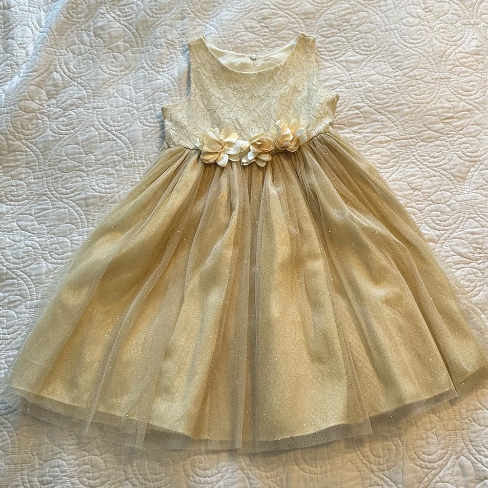Girls Formal Dress with flowers and gold glitter - size 6